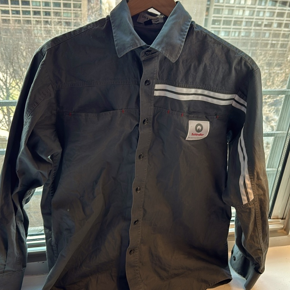 Doc & Amelia by Cintas long sleeve, dark grey button up shirt w/2 white stripes.